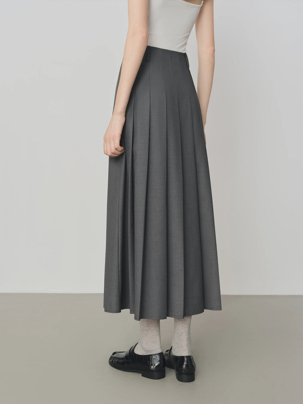 Gray Retro Pleated Long Skirt - Chic College Style Office Wear