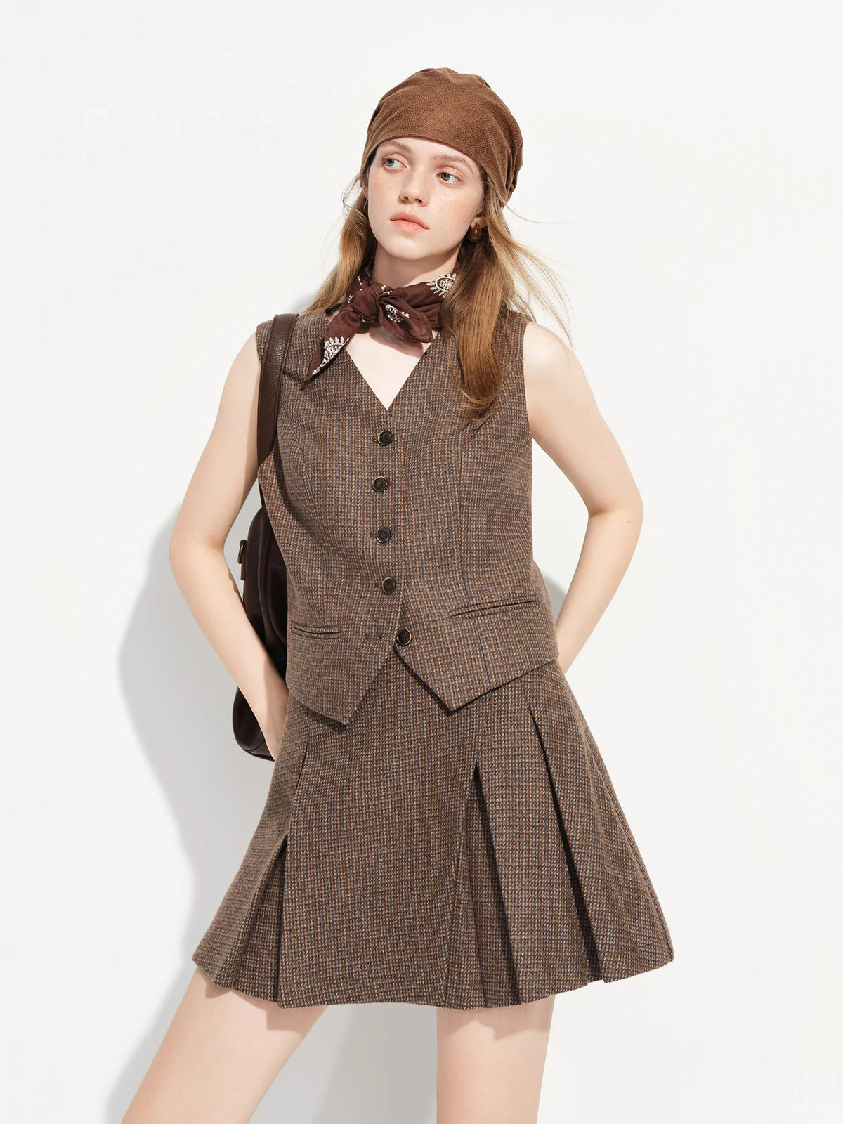 Women's Wool Checkered 3-Piece Suit Set - Brown Vintage Office Chic