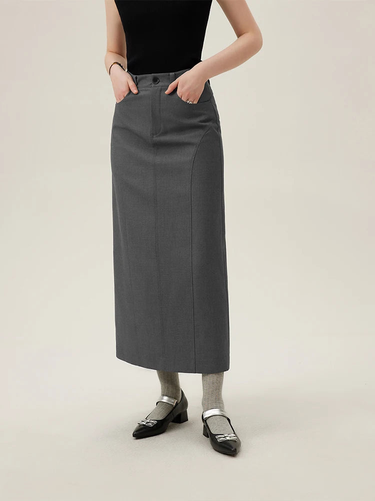 FSLE Women's High Waist Straight Long Skirt - Commuter Slimming Fit