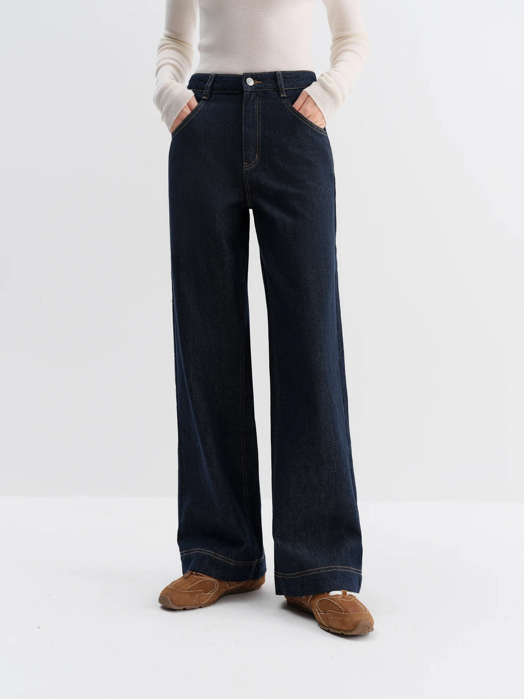 FSLE Women's High Waist Straight Leg Jeans - Korean Style Winter Pants