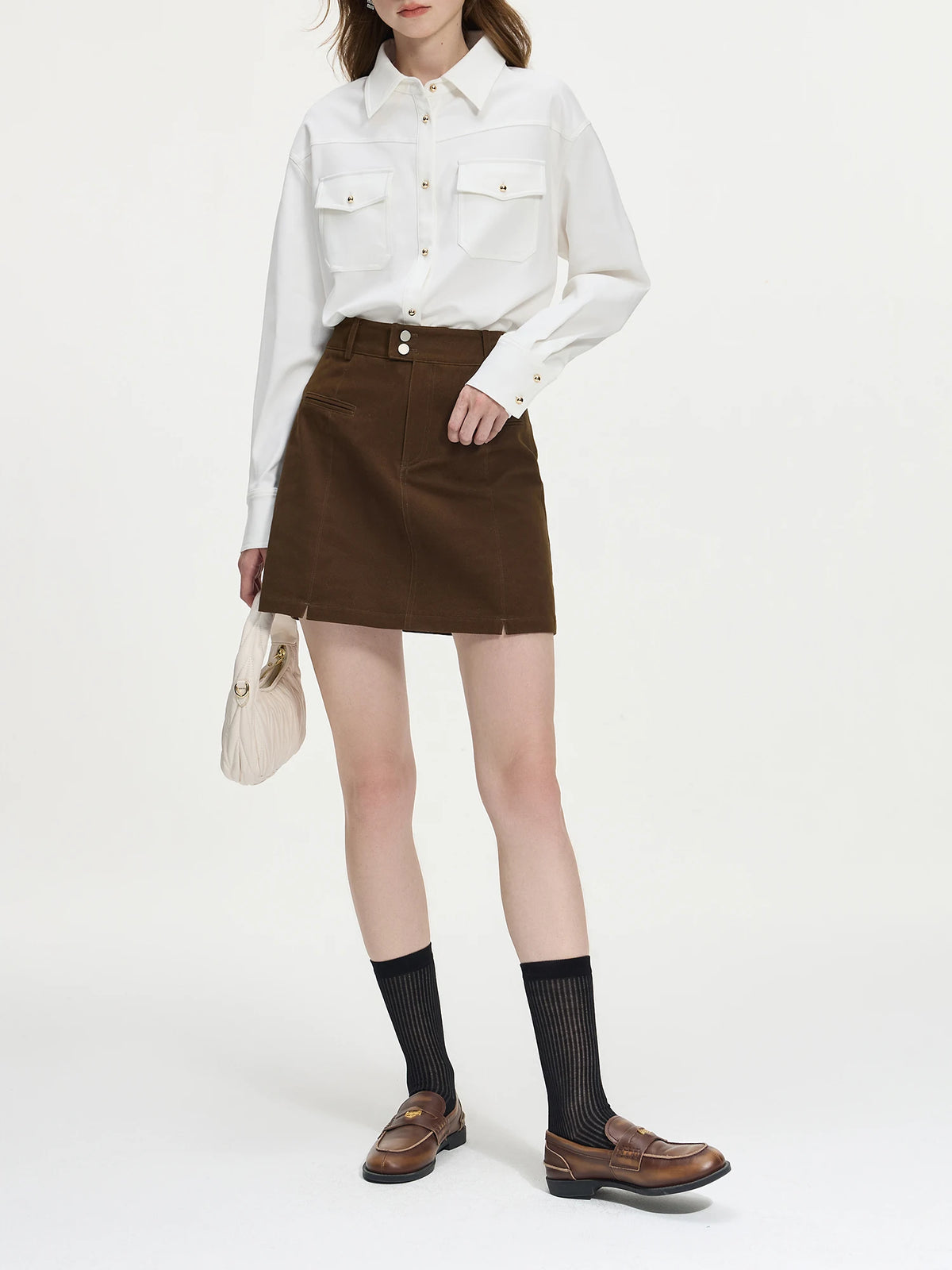 FSLE Women's High Waist Twill Denim Mini Skirt - Retro Cotton Skirt