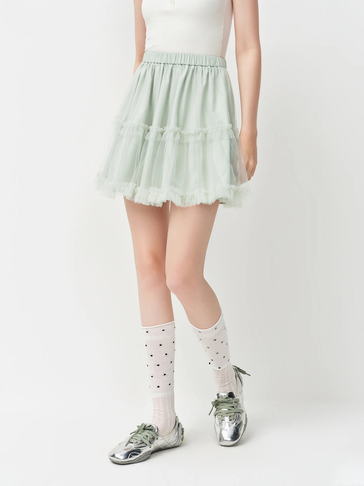 Green French A-Line Tulle Skirt - Ruffled Summer Casual Wear