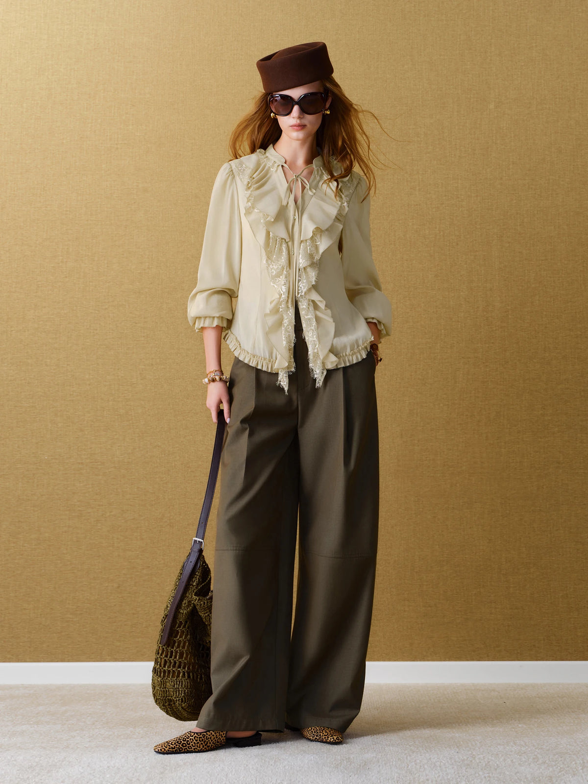 FSLE Women's Wool-Blend High-Waist Balloon Trousers - Office Pants