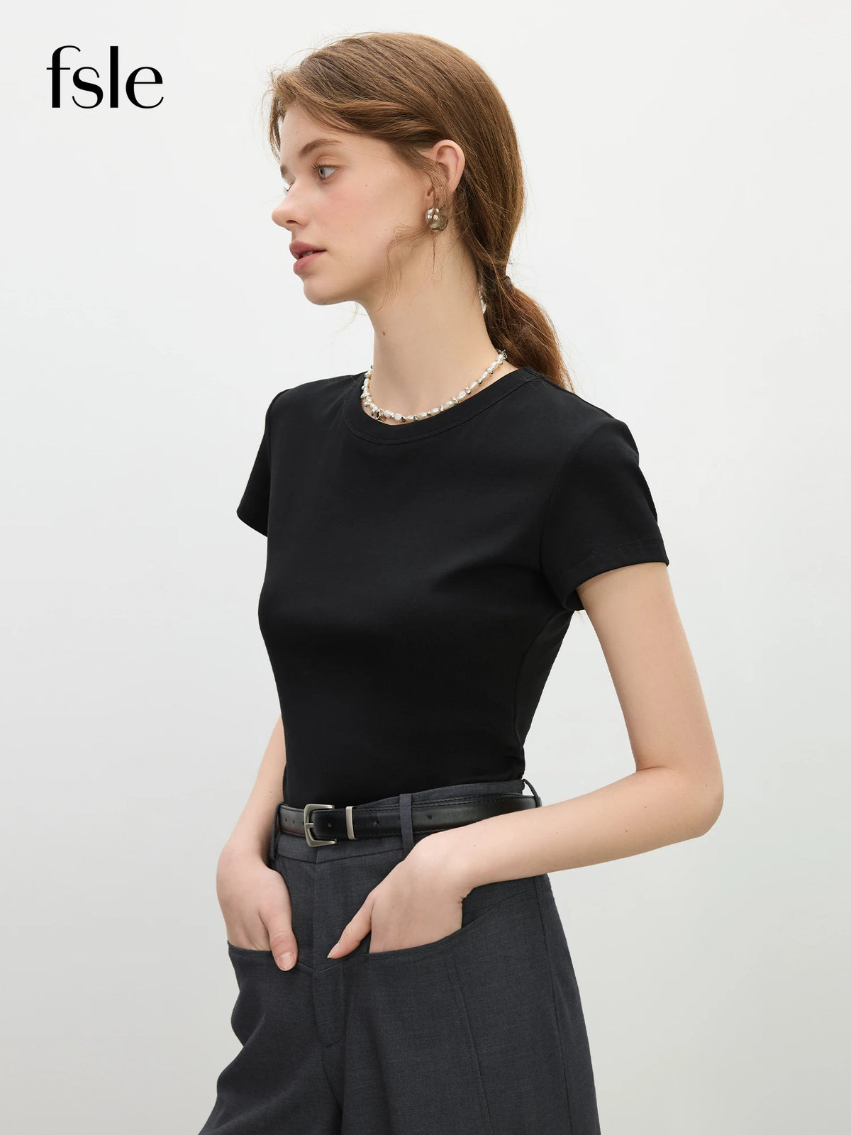 FSLE Women's Minimalist Slim Fit T-Shirt - Summer Round Neck Top
