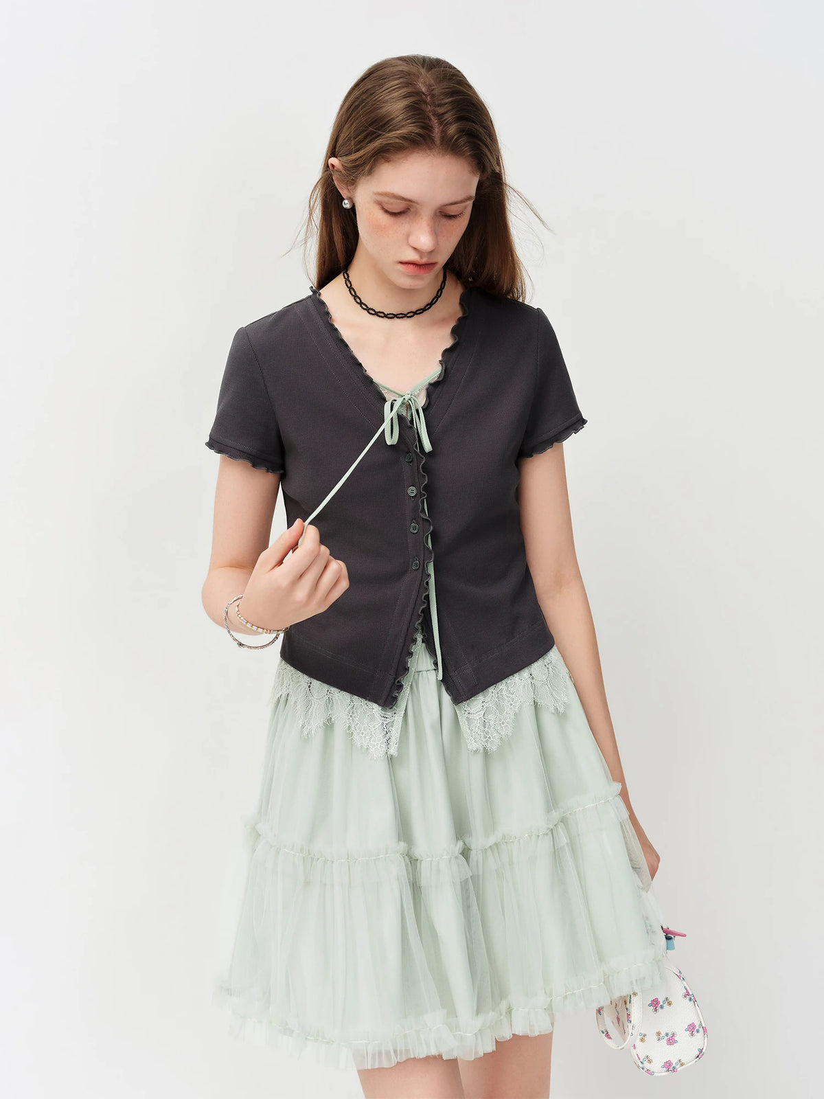 Green French A-Line Tulle Skirt - Ruffled Summer Casual Wear
