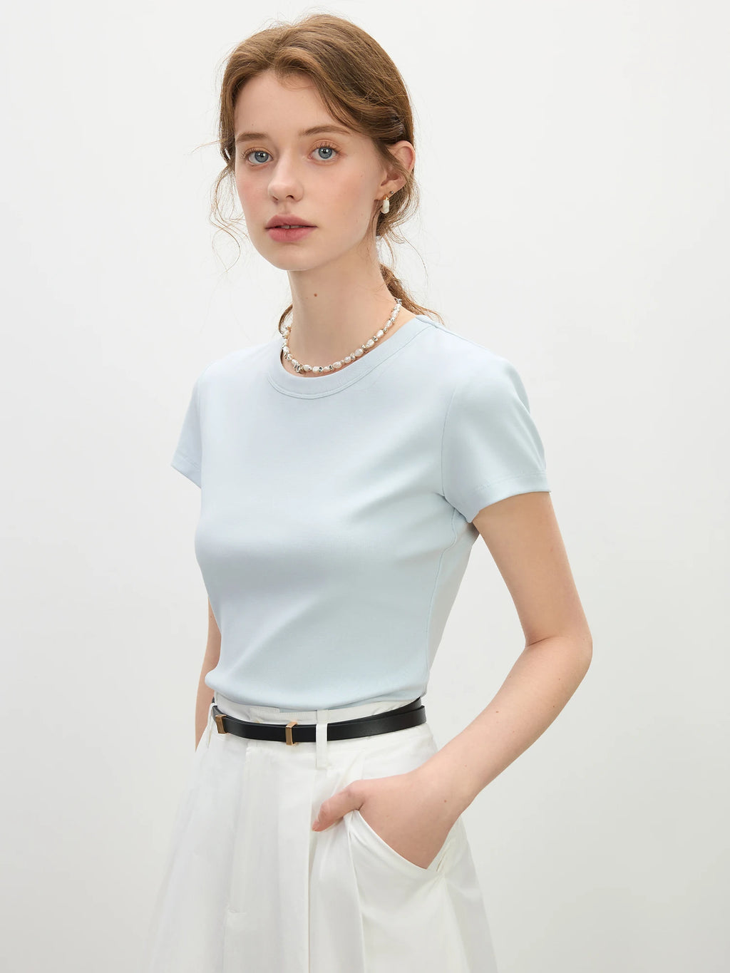 FSLE Women's Minimalist Slim Fit T-Shirt - Summer Round Neck Top