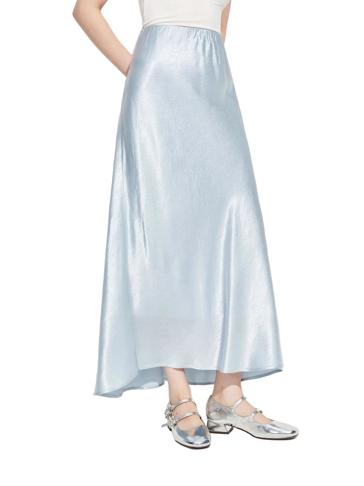 Light blue satin skirt worn by a person on a white background with 'fsle' branding.