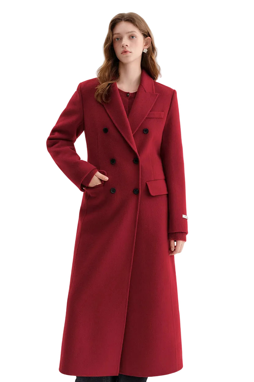Red coat worn by a model on a white background with 'fsle' branding.