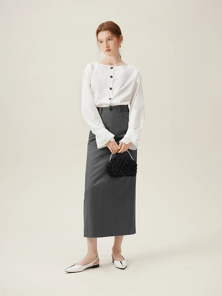 FSLE Women's High Waist Straight Long Skirt - Commuter Slimming Fit
