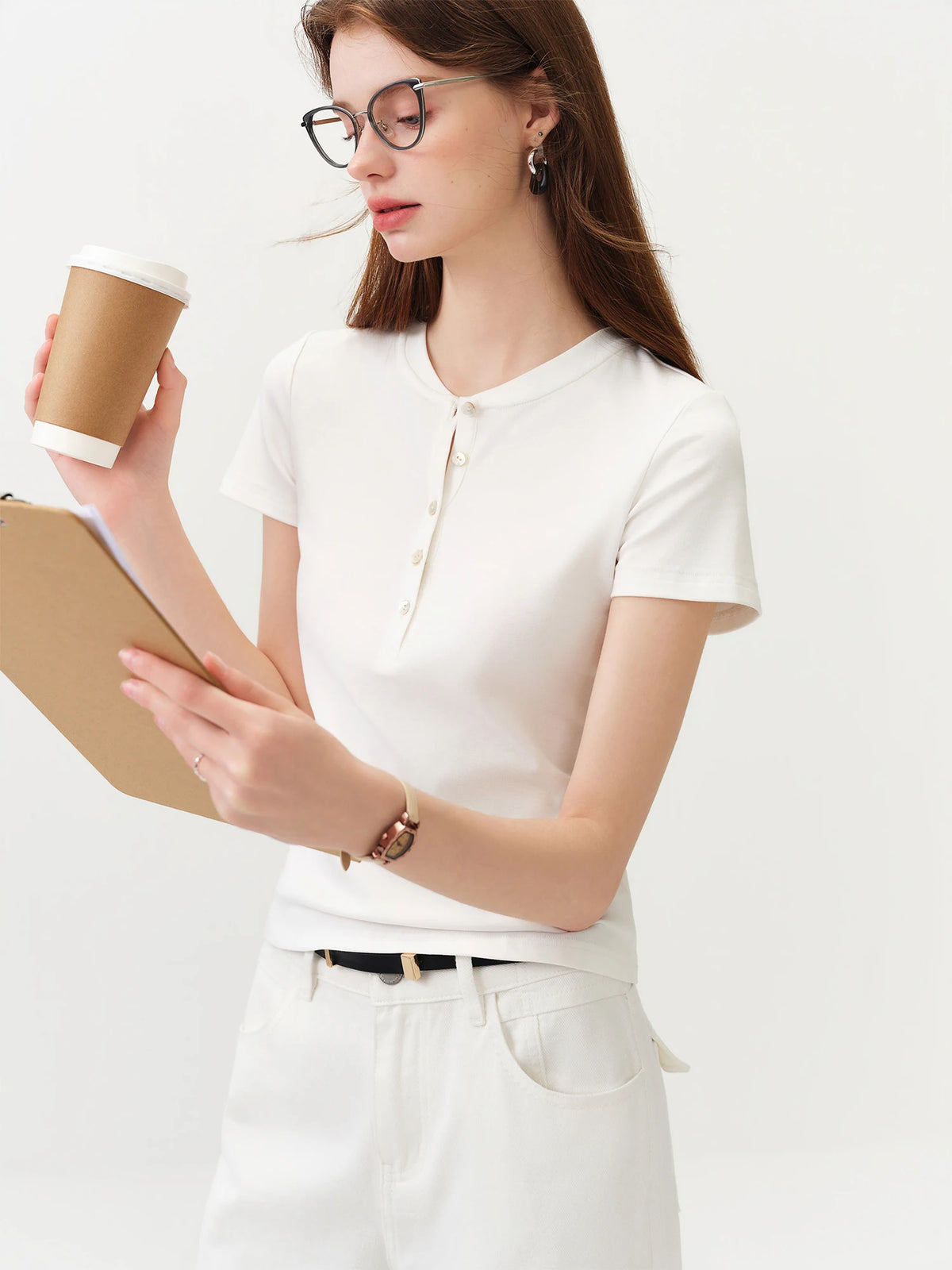 Women's Fitted Cotton Lyocell T-Shirt - Short Sleeve Office Top
