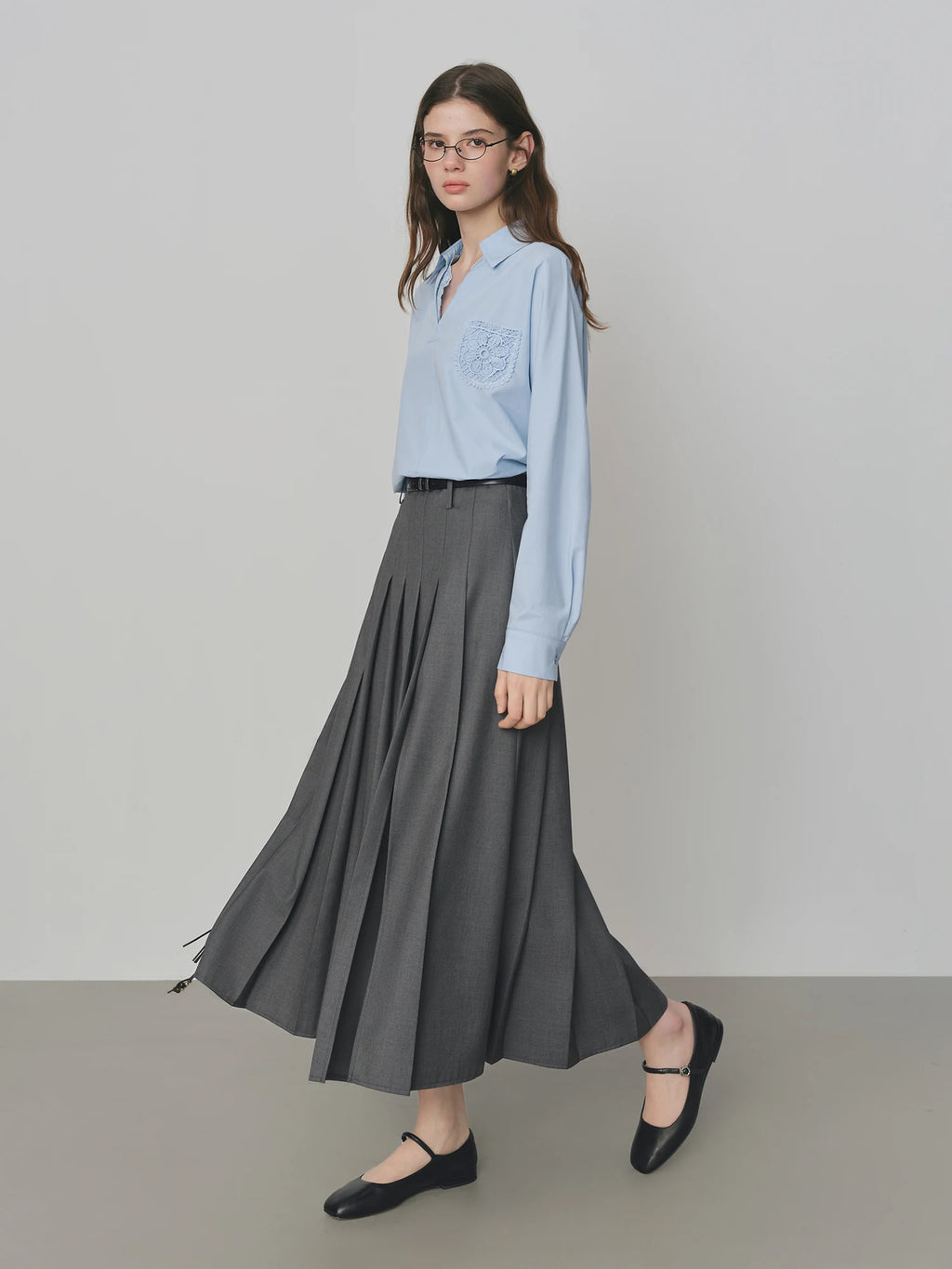 Gray Retro Pleated Long Skirt - Chic College Style Office Wear