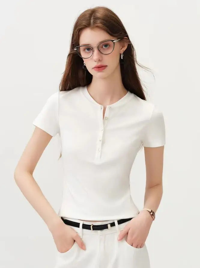Women's Fitted Cotton Lyocell T-Shirt - Short Sleeve Office Top