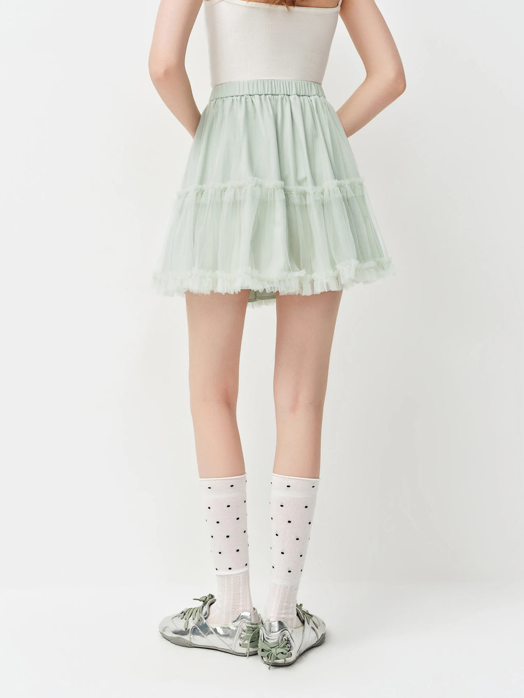 Green French A-Line Tulle Skirt - Ruffled Summer Casual Wear