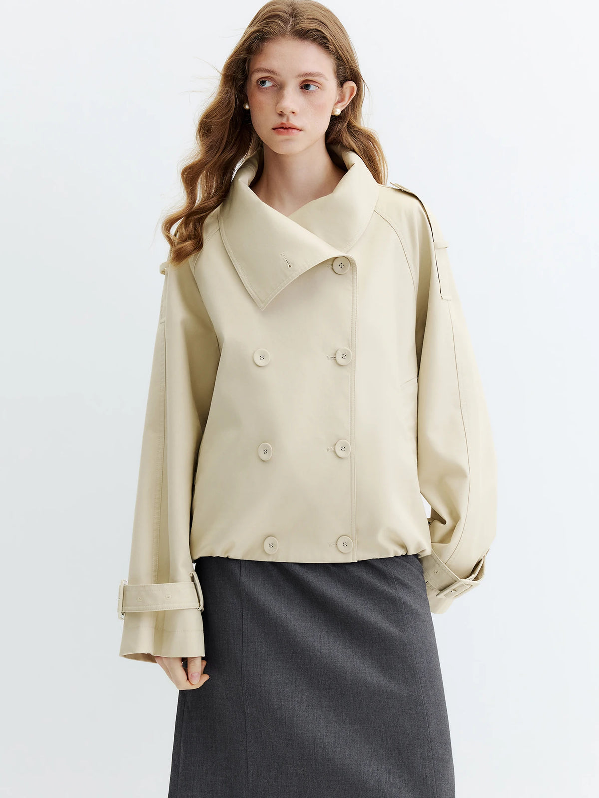 FSLE Double-Breasted Cropped Trench Coat - Retro British Style Jacket
