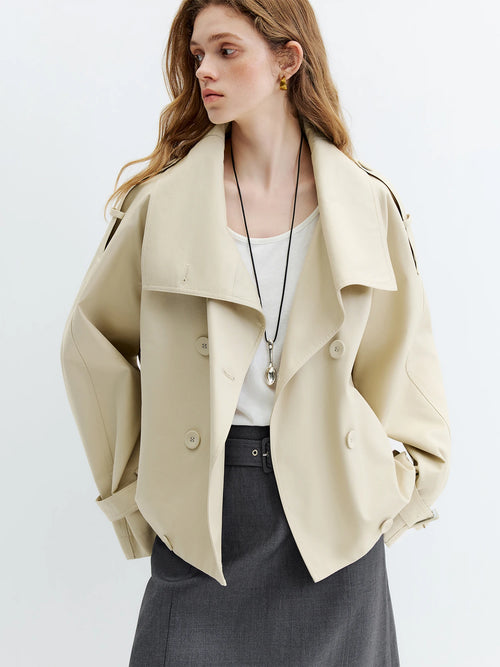 FSLE Double-Breasted Cropped Trench Coat - Retro British Style Jacket