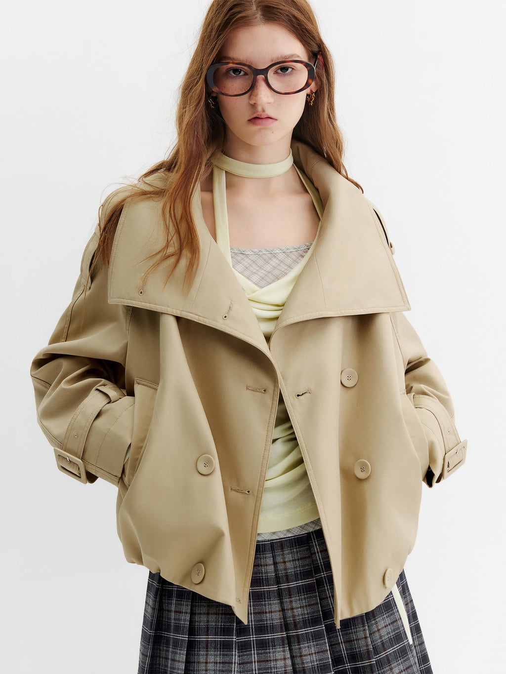 FSLE Double-Breasted Cropped Trench Coat - Retro British Style Jacket